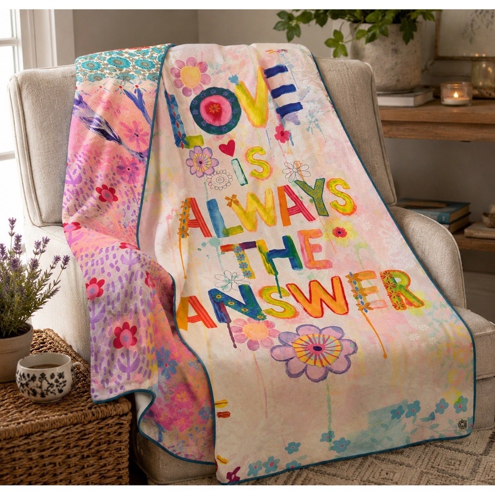 Natural Life Reversible Throw Blanket LOVE IS ALWAYS THE ANSWER 71"x31.5" Boho